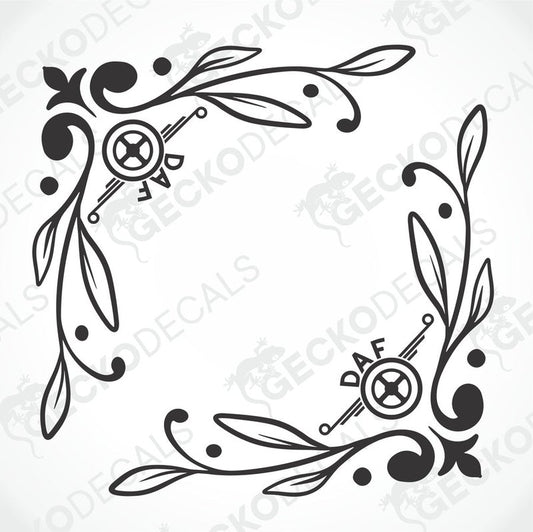 A black and white image of a die cut decal with floral patterns and the DAF logo, intended for use as a side window decal.