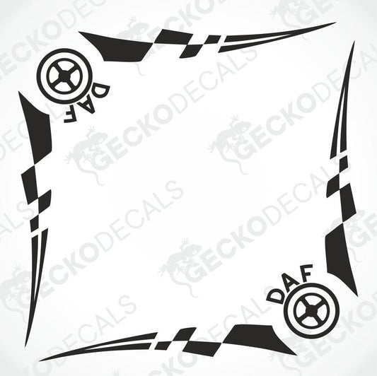 A set of black and white geometric patterned decals for DAF side window, designed for both interior and exterior use.