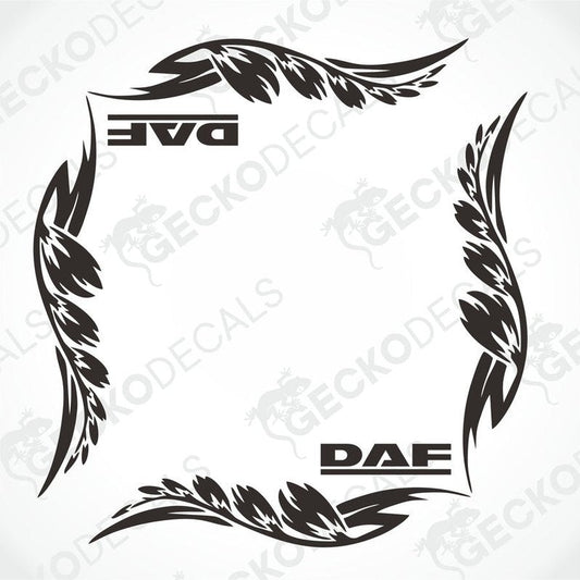 A pair of black and white floral patterned decals with the brand name 'DAF' on them, designed for use on vehicle side windows.