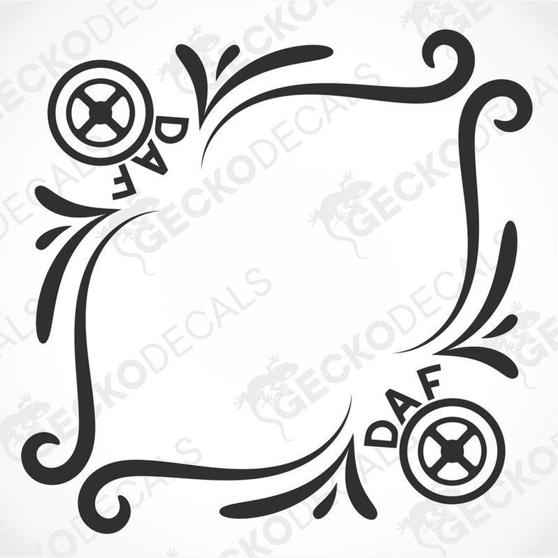 A black and white image of a die cut sticker with a tribal pattern and the DAF truck logo, designed for use as a side window decal.