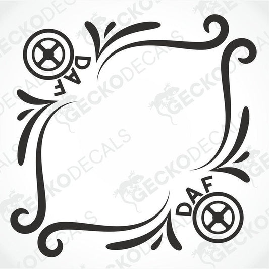 A black and white image of a die cut sticker with a tribal pattern and the DAF truck logo, designed for use as a side window decal.