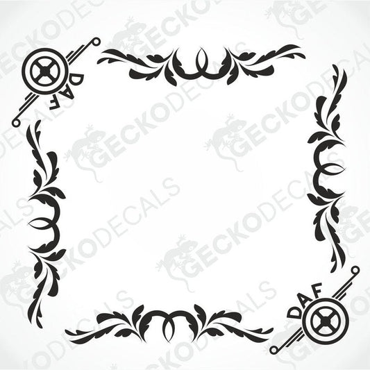 A black and white image of a die cut decal with a floral pattern and the DAF logo, intended for use as a side window decal.