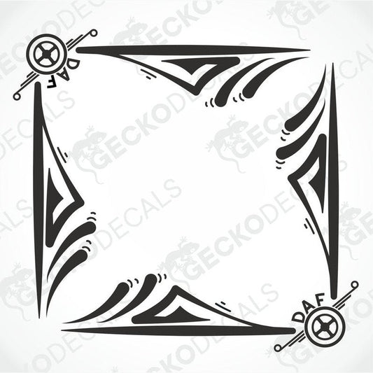 A set of two black and white geometric patterned decals for DAF side window decoration.