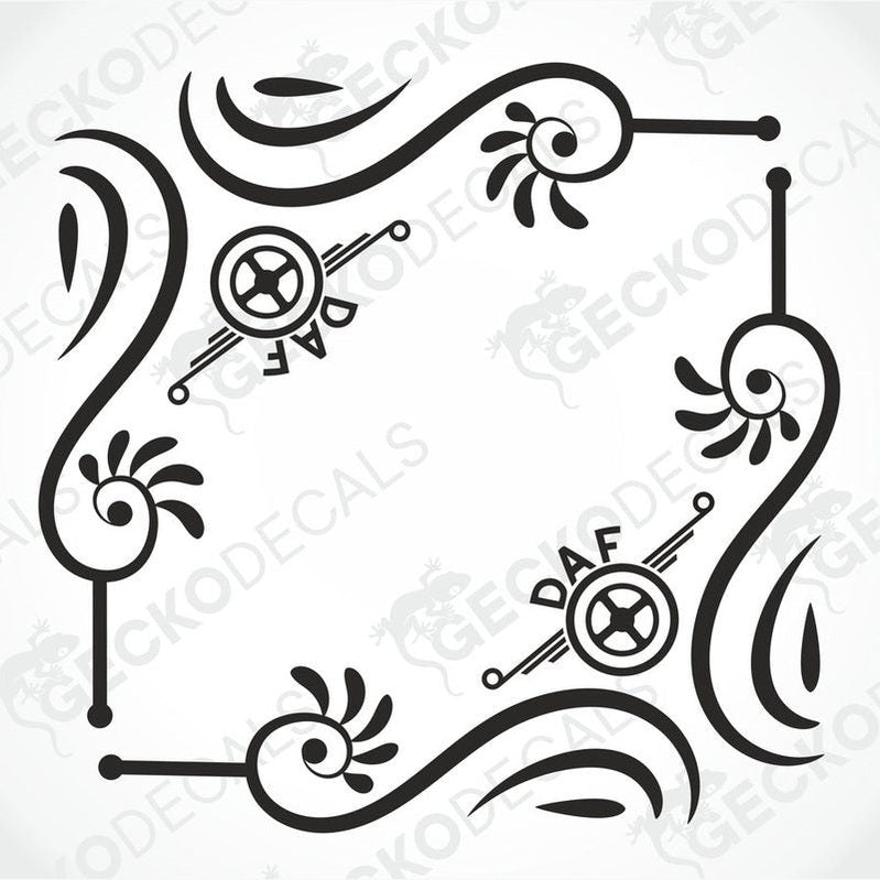 A set of black and white side window decals for a DAF truck, featuring geometric and floral patterns.
