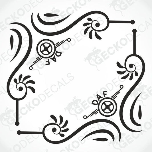 A set of black and white side window decals for a DAF truck, featuring geometric and floral patterns.