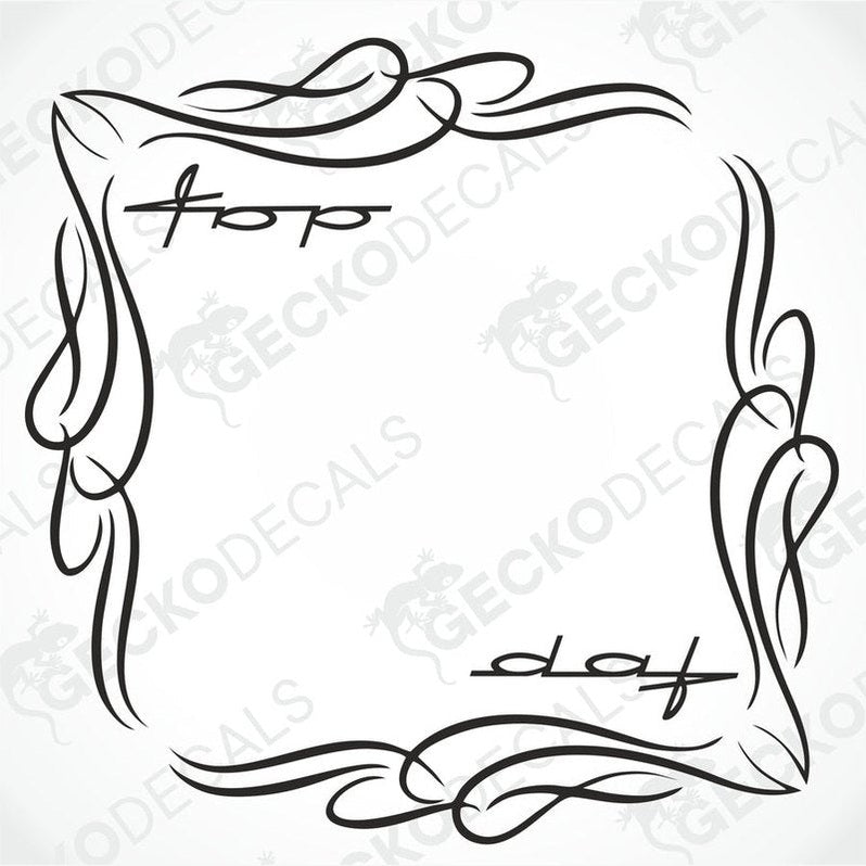 A pair of black and white side window decals for a DAF truck, featuring decorative swirls and text elements.