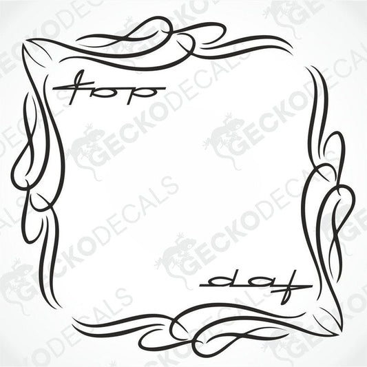 A pair of black and white side window decals for a DAF truck, featuring decorative swirls and text elements.