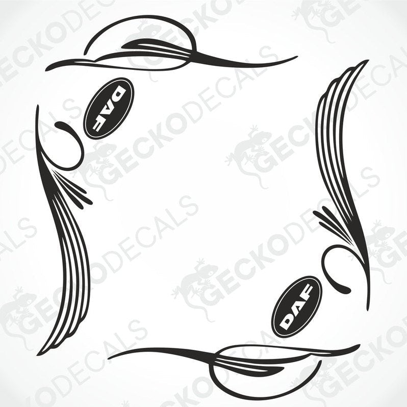 A black and white image of a die cut decal set for DAF side window, featuring ornamental designs and the DAF logo.