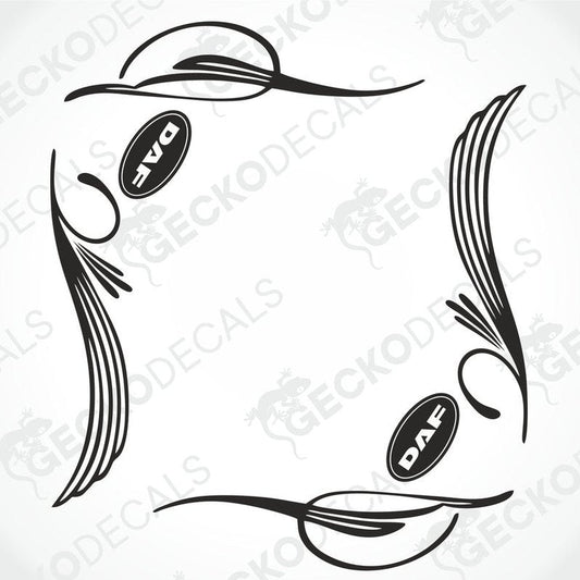 A black and white image of a die cut decal set for DAF side window, featuring ornamental designs and the DAF logo.
