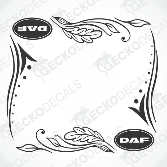 A set of two black and white side window decals for a DAF truck, with decorative floral and geometric patterns.