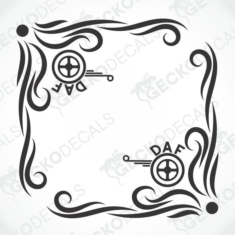 A set of two black and white side window decals for a DAF truck, displayed on a white background.