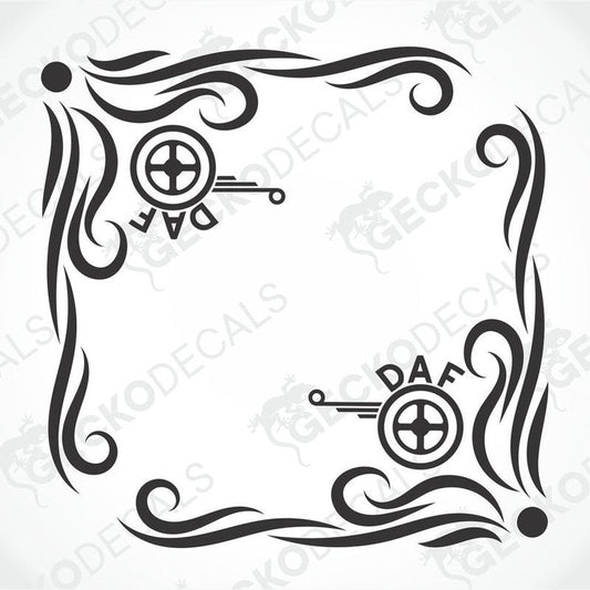 A set of two black and white side window decals for a DAF truck, displayed on a white background.