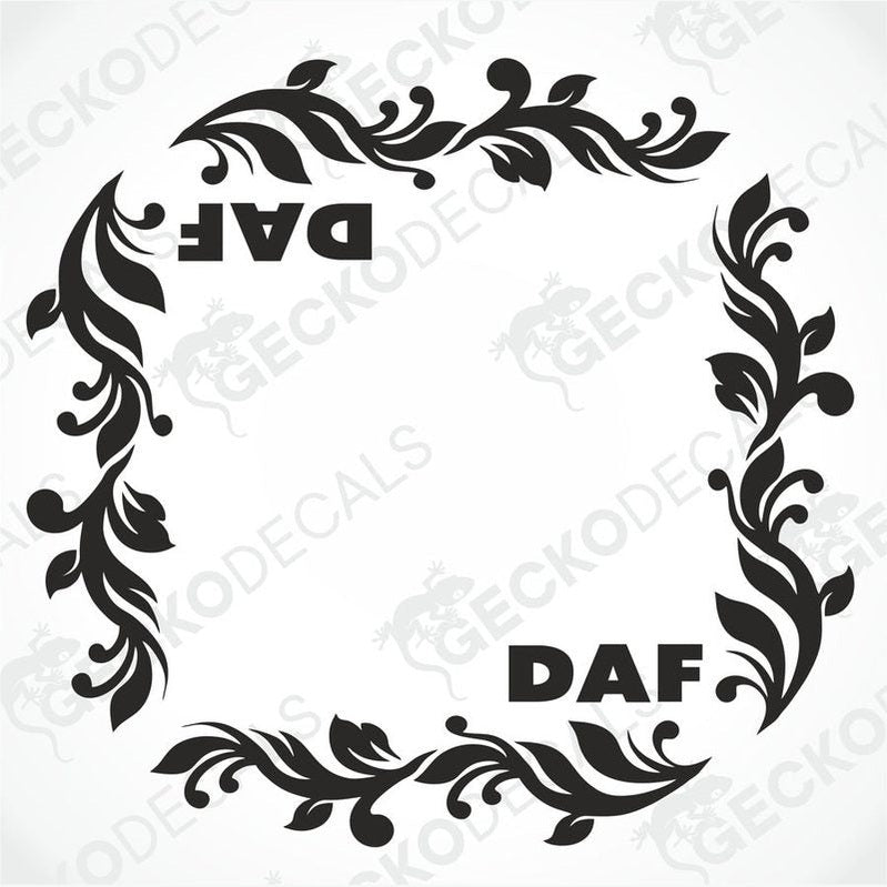 A black and white vector illustration of two floral side window decals with the text 'DAF' integrated in the design.