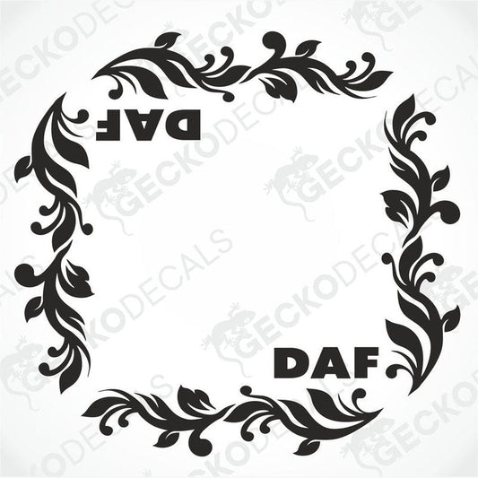 A black and white vector illustration of two floral side window decals with the text 'DAF' integrated in the design.