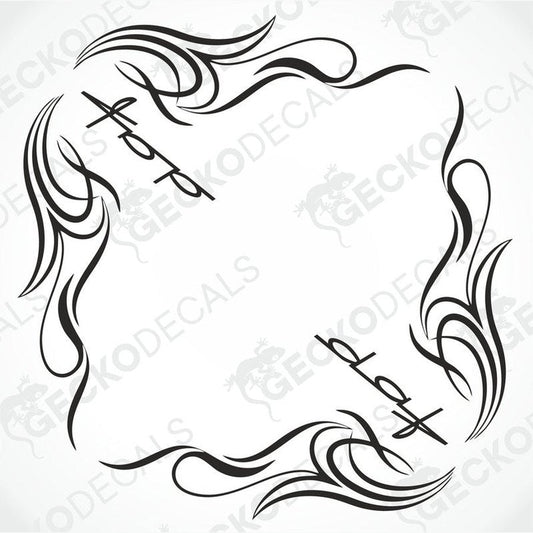 A set of tribal-style decals for DAF side windows, featuring black designs with white accents and circular motifs.