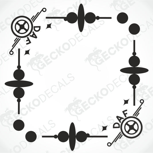 A set of black and white side window decals for a DAF truck, including diagrams of the decal placement.