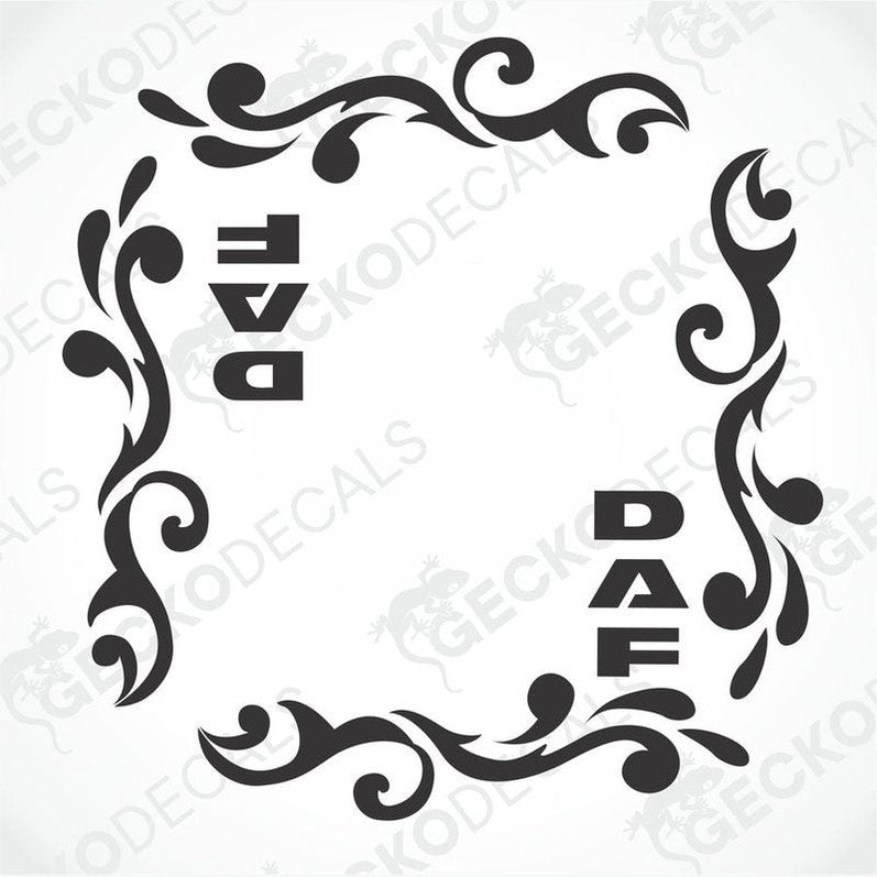 A black and white image of a die cut decal with a floral pattern and the text 'DAF' included within the design.