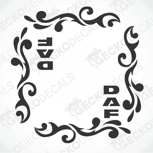 A black and white image of a die cut decal with a floral pattern and the text 'DAF' included within the design.
