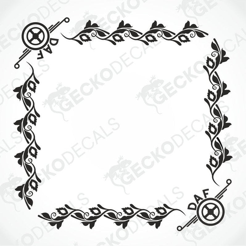 A black and white image of a die cut decal with a floral pattern and the DAF logo, intended for use as a side window decal.