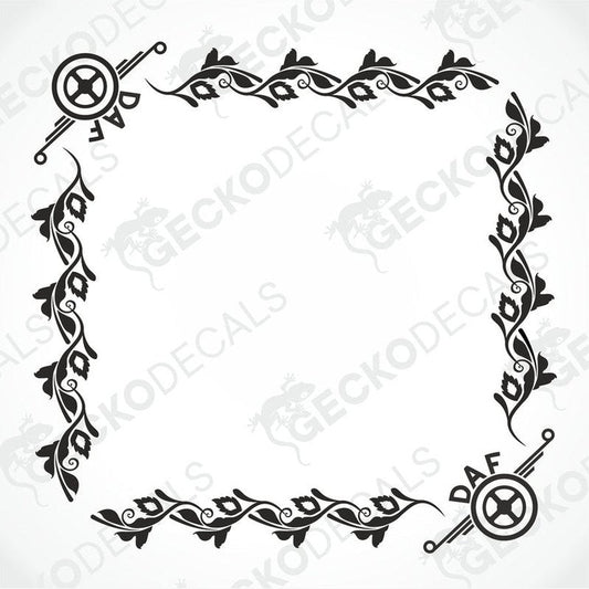 A black and white image of a die cut decal with a floral pattern and the DAF logo, intended for use as a side window decal.