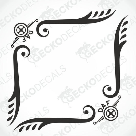 A set of two black and white die cut decals for DAF side window decoration, featuring ornamental designs and the DAF logo.