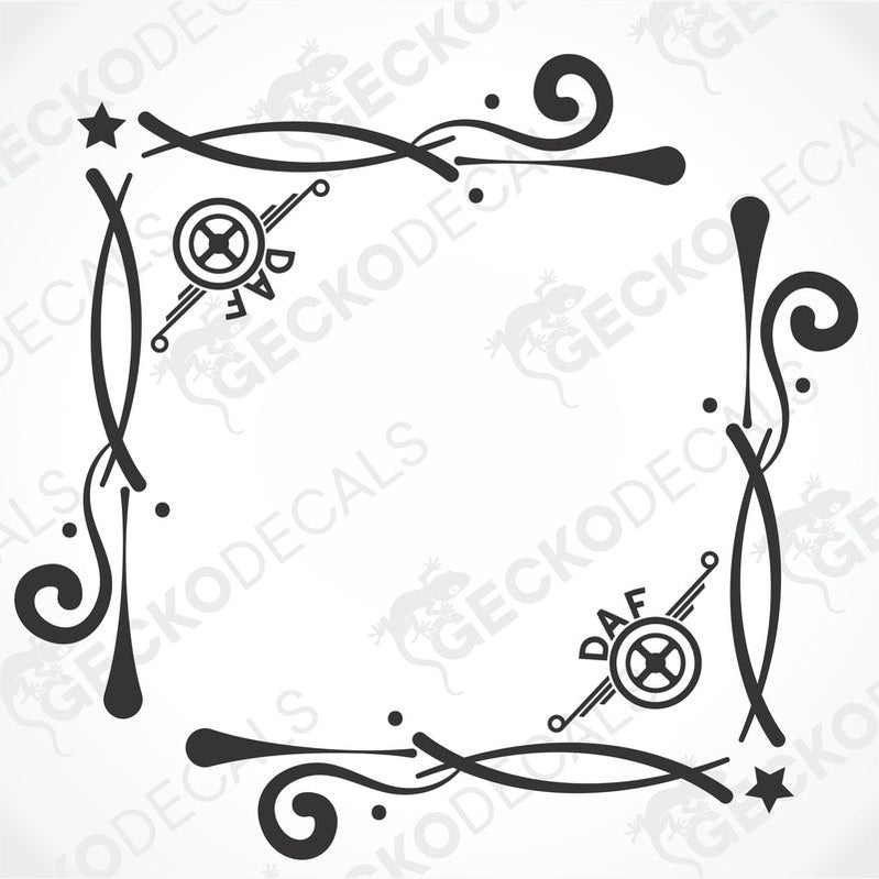 A set of two black and white decals for a DAF side window, featuring geometric and floral patterns.