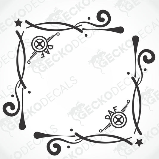 A set of two black and white decals for a DAF side window, featuring geometric and floral patterns.