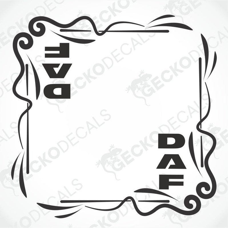 A black and white side window decal for a DAF truck, with a decorative border and the DAF logo in bold letters.