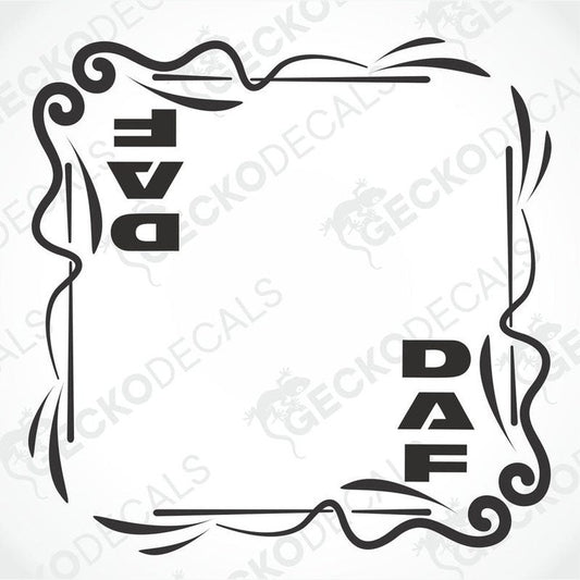 A black and white side window decal for a DAF truck, with a decorative border and the DAF logo in bold letters.