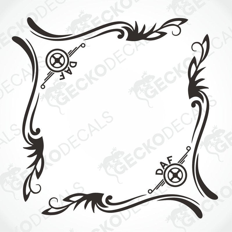 A black and white image of a die cut sticker designed for a DAF truck, featuring ornamental border and the DAF logo in the center.