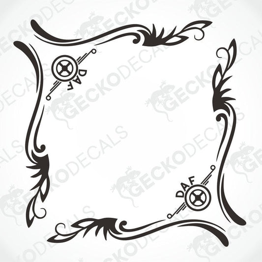 A black and white image of a die cut sticker designed for a DAF truck, featuring ornamental border and the DAF logo in the center.