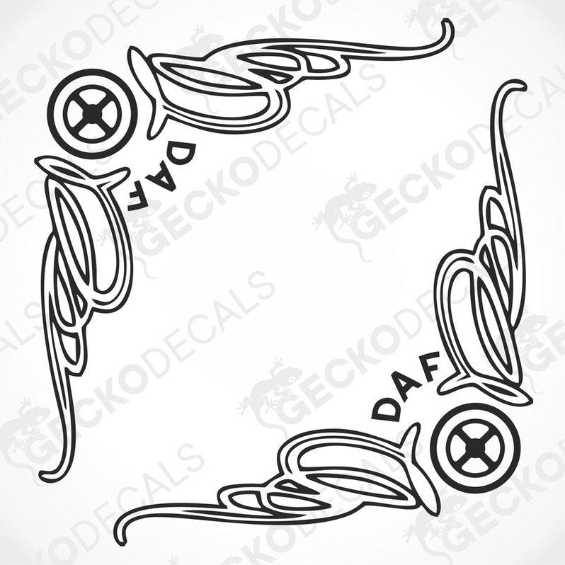 A set of two black and white side window decals for a DAF truck, featuring ornate designs with the DAF logo.