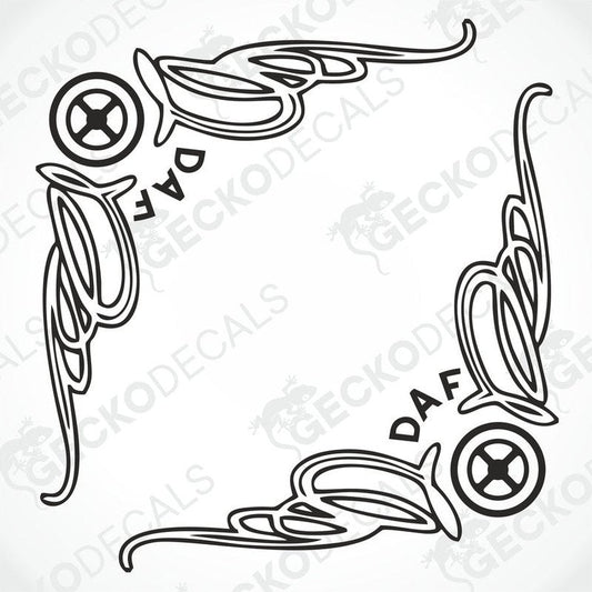 A set of two black and white side window decals for a DAF truck, featuring ornate designs with the DAF logo.
