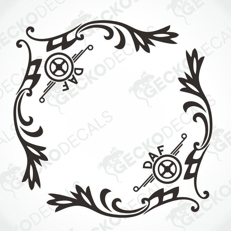 A black and white image of a die cut decal with a floral pattern and the DAF truck logo, intended for use on a vehicle's side window.