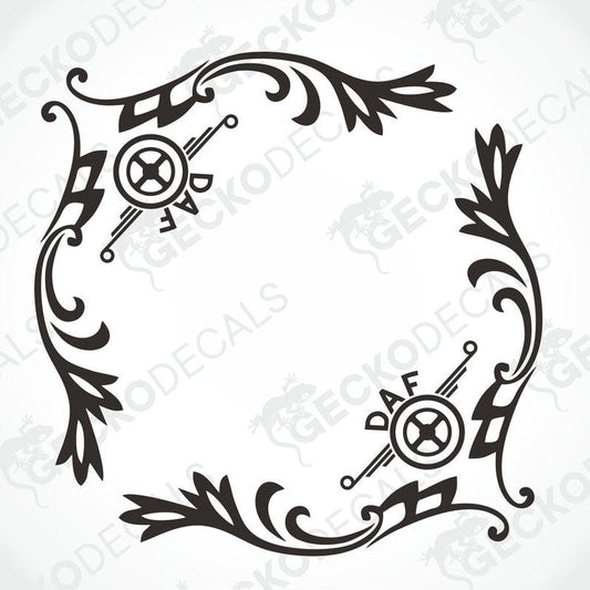 A black and white image of a die cut decal with a floral pattern and the DAF truck logo, intended for use on a vehicle's side window.