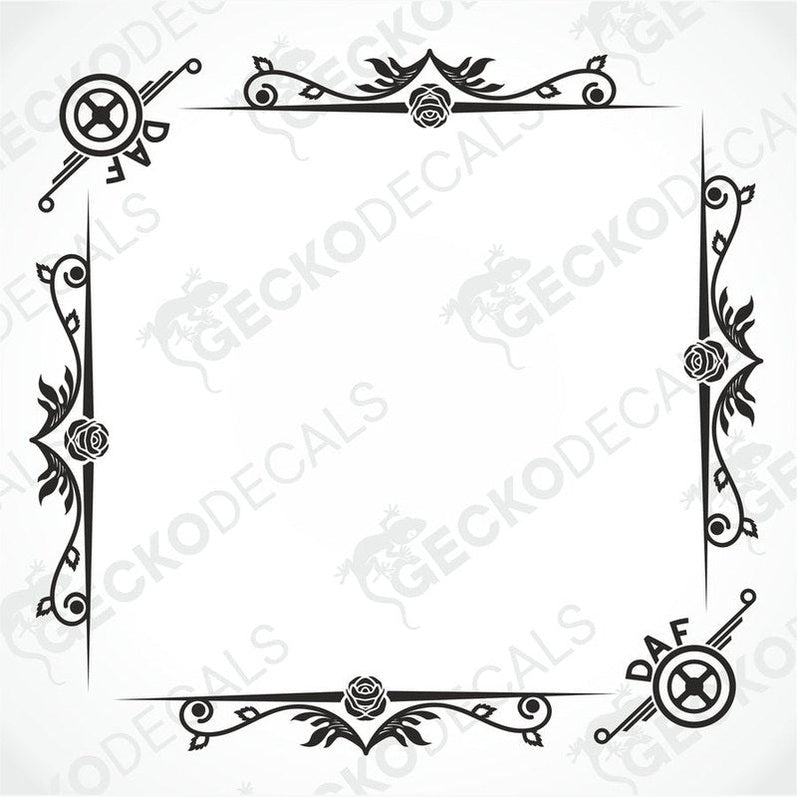 A set of two black and white floral patterned decals for DAF truck side windows, displayed on a white background.