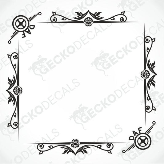 A set of two black and white floral patterned decals for DAF truck side windows, displayed on a white background.