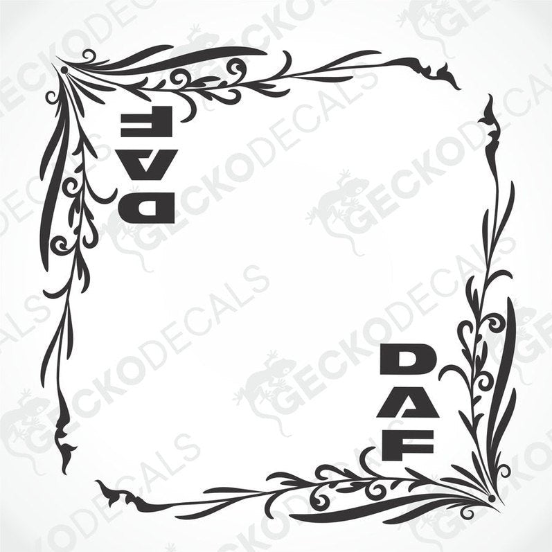 A black and white design of a decal with the word 'DAF' surrounded by decorative elements in a geometric pattern.