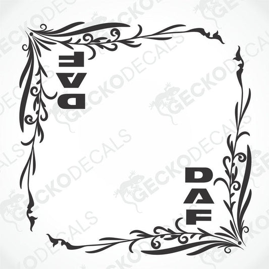A black and white design of a decal with the word 'DAF' surrounded by decorative elements in a geometric pattern.