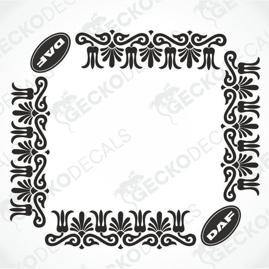 A set of two black decals for DAF side windows, featuring a floral pattern around the border and the DAF logo in the center.