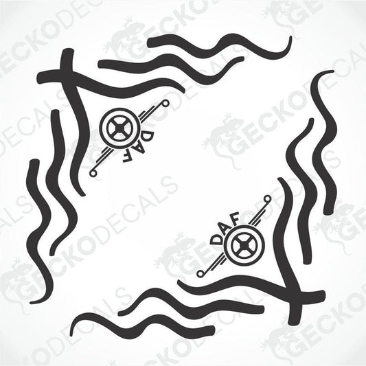 A set of two black decals for DAF trucks, featuring geometric designs with what appears to be vehicle maintenance or warning symbols.