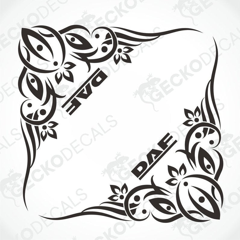 A black and white image of a die cut decal with a floral pattern and the text 'DAF'.