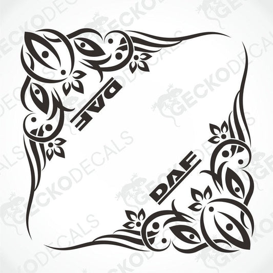 A black and white image of a die cut decal with a floral pattern and the text 'DAF'.