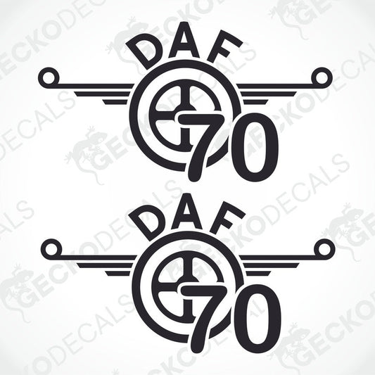 Two black and white die cut decals with the text 'DAF 70' and a graphic of a speedometer dial