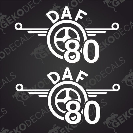 Two white decals with the text 'DAF 80' designed in a circular motif with wing-like elements, intended for use on vehicles.