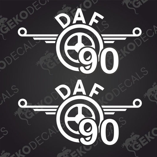 Two black die cut stickers with 'DAF 90' and a graphical representation of a steering wheel and the number 90 on a white background.