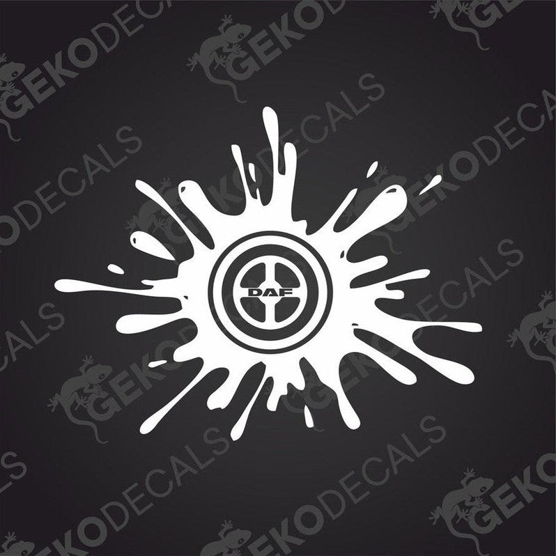 A die cut sticker with a splash design and the DAF brand logo in the center, delivered on transfer paper.