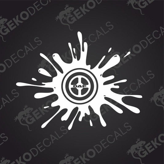 A die cut sticker with a splash design and the DAF brand logo in the center, delivered on transfer paper.