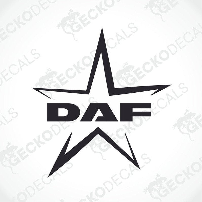 A black and white logo of a star with the letters DAF inside it, indicating a brand or product related to trucks, likely for a DAF truck decal.