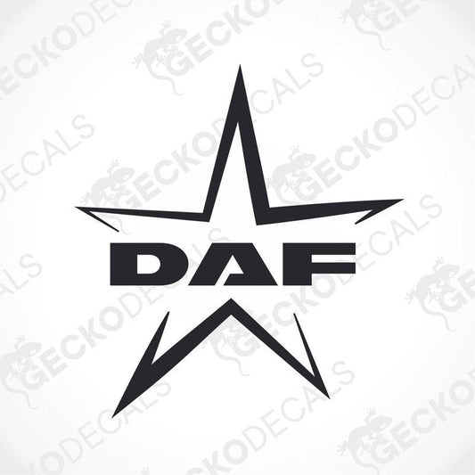 A black and white logo of a star with the letters DAF inside it, indicating a brand or product related to trucks, likely for a DAF truck decal.